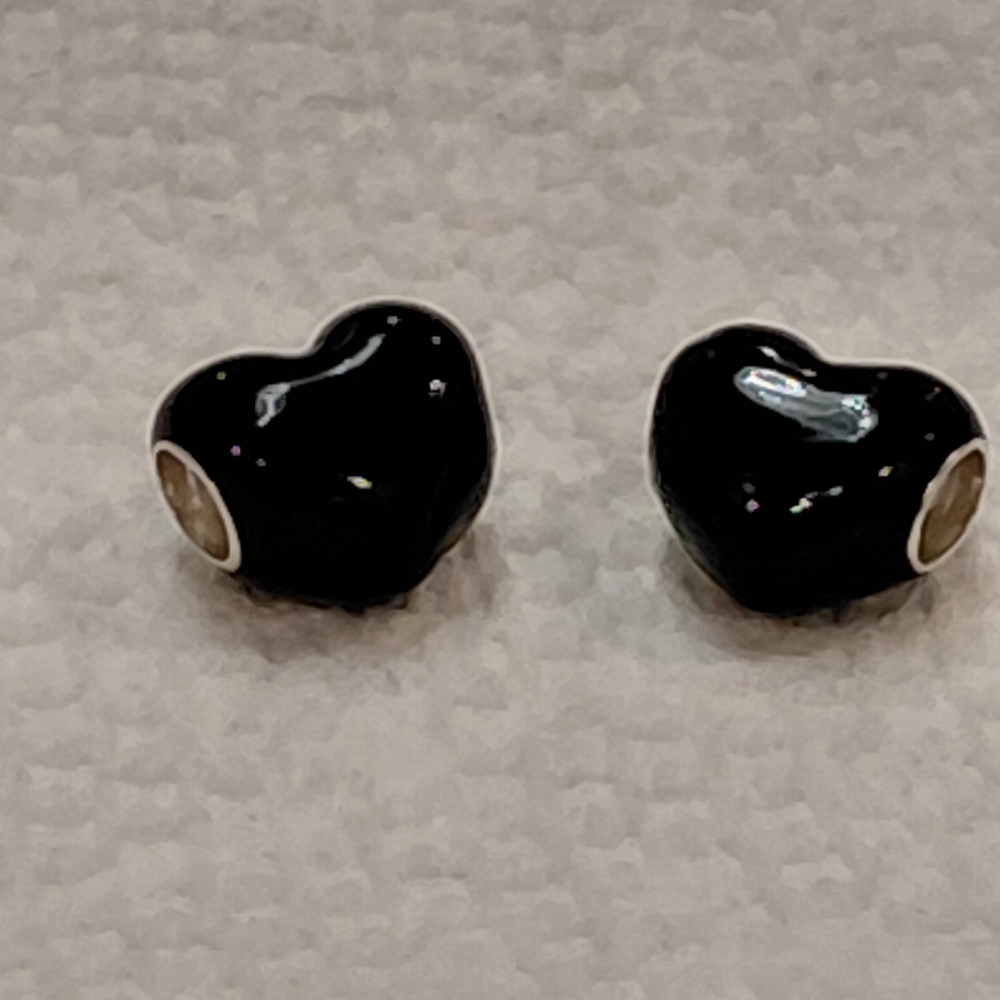 TWO Pandora Black Metalic Hearts Charms